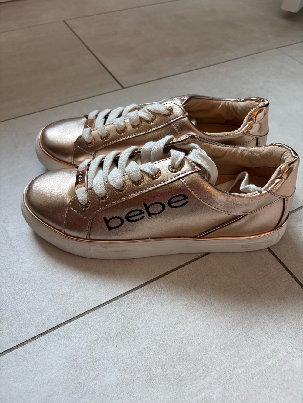 bebe Metallic Rose Gold Low-Top Sneakers with White Laces